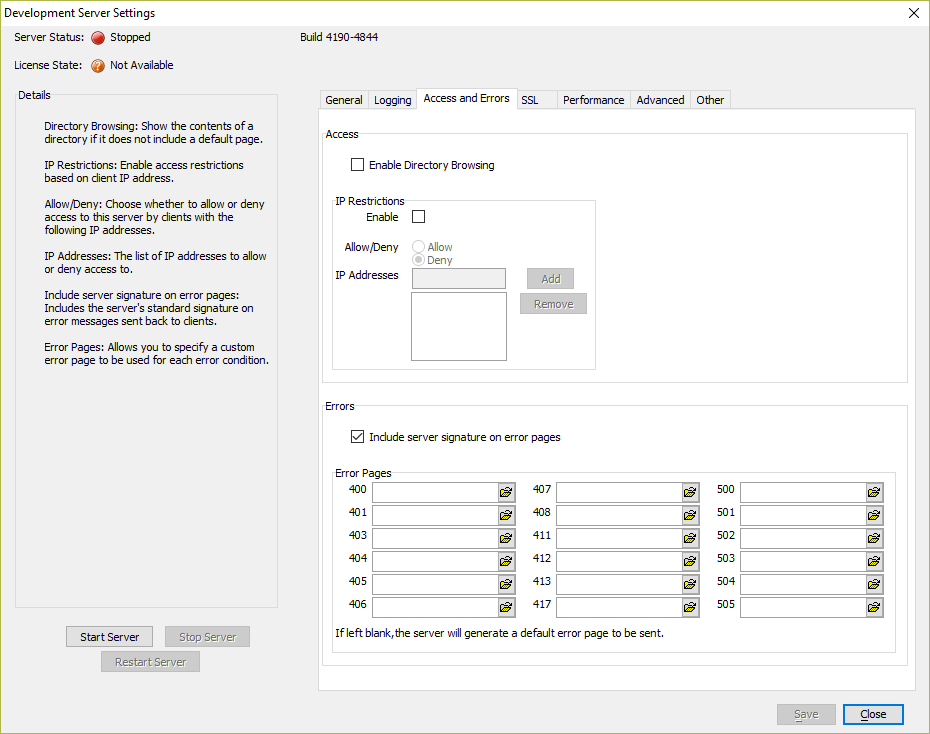 Access and Errors settings tab